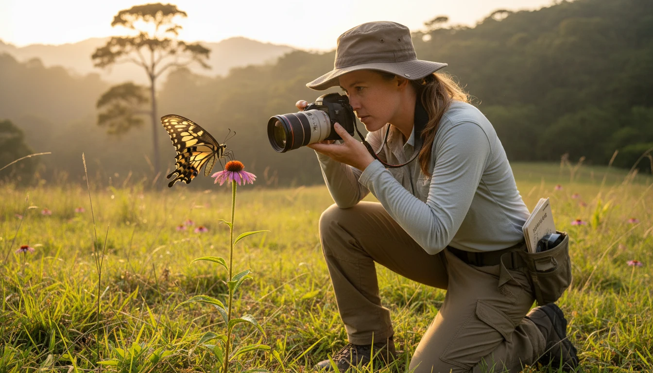Conservationist photographing a rare butterfly in a protected meadow habitat