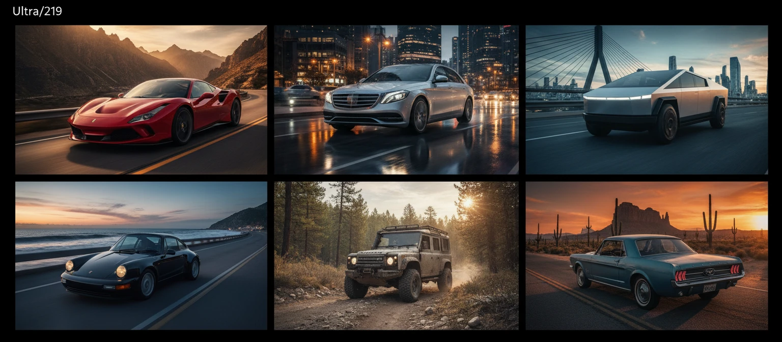 Collection of cars from luxury, performance, and mass-market brands photographed at different locations