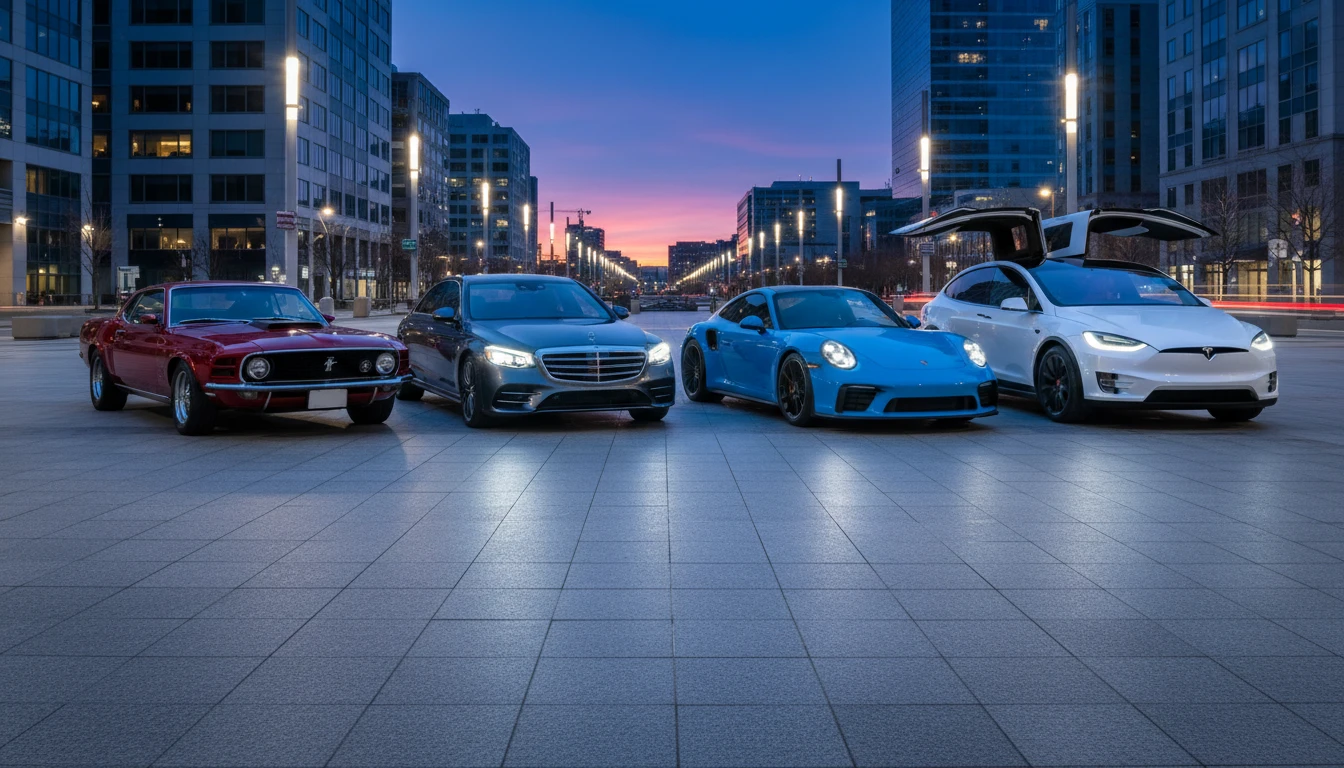 Row of diverse cars from different brands parked in a modern city setting