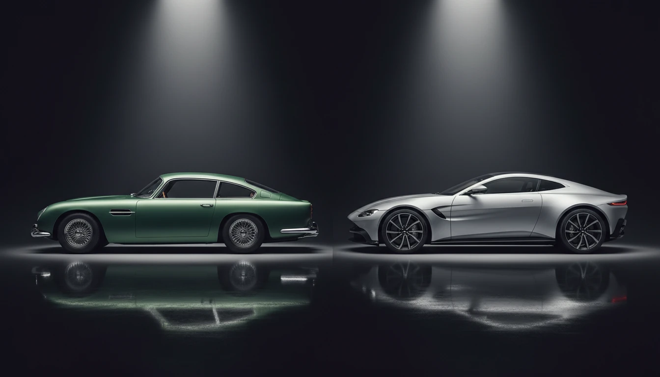 Classic vintage car alongside a modern version of the same brand showing heritage continuity
