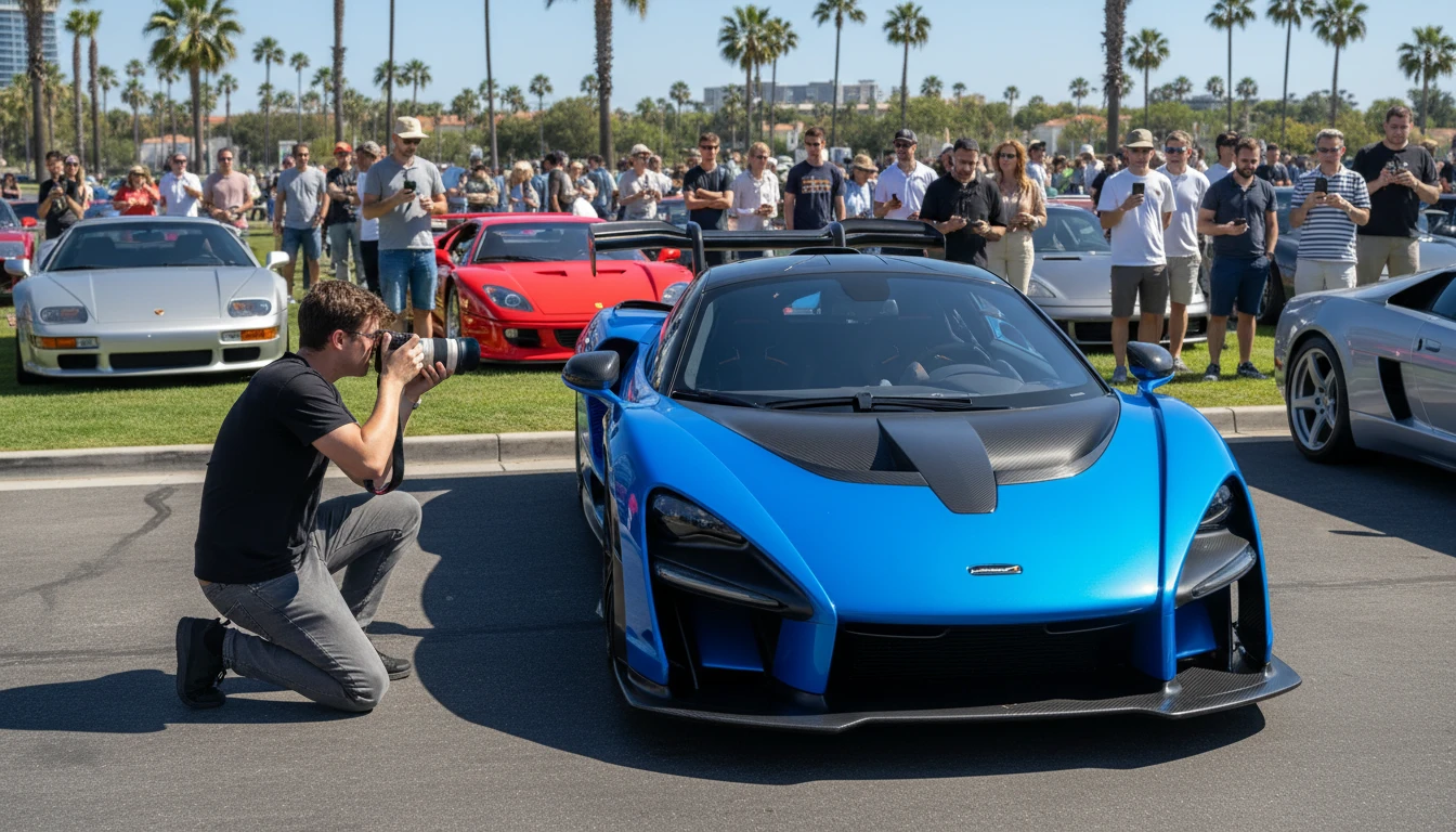 Car enthusiast photographing a rare sports car at an automotive event