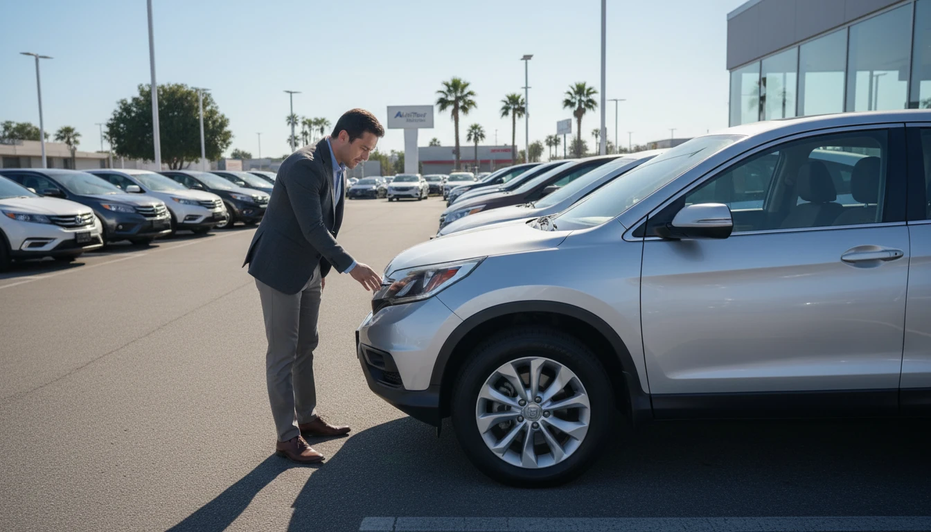 Person examining a used car in a dealership lot