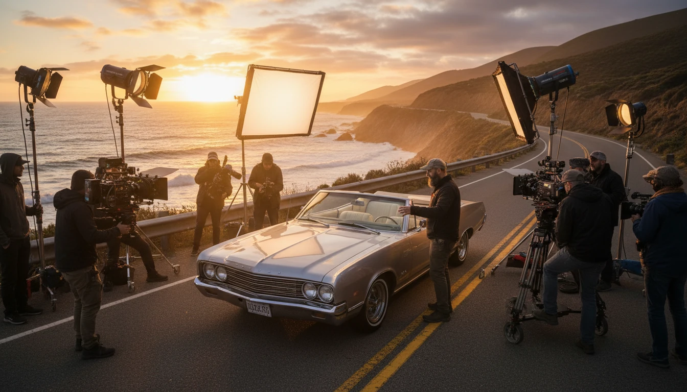 Film crew setting up a car shot on location for a commercial