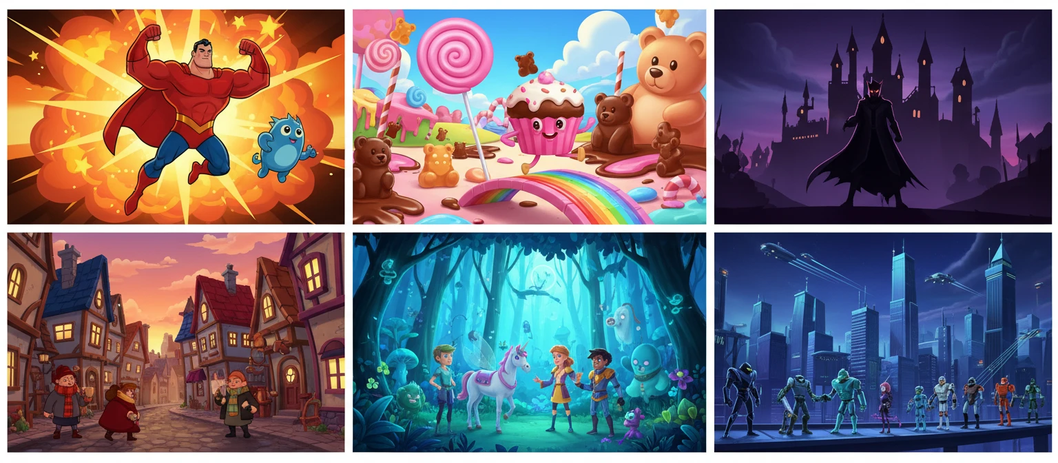 Diverse collection of animated characters representing different roles from hero to villain to sidekick