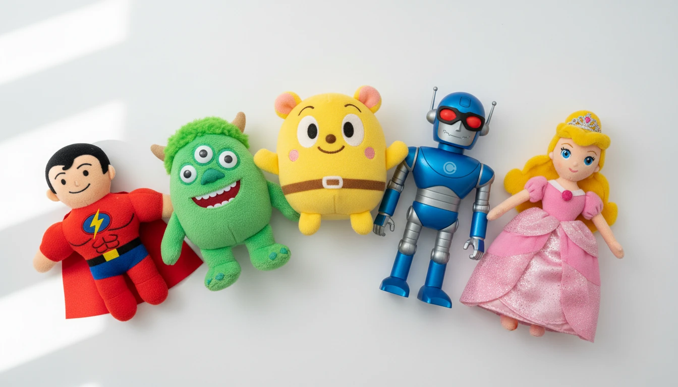 Collection of colorful animated character plush toys and figures from popular cartoons