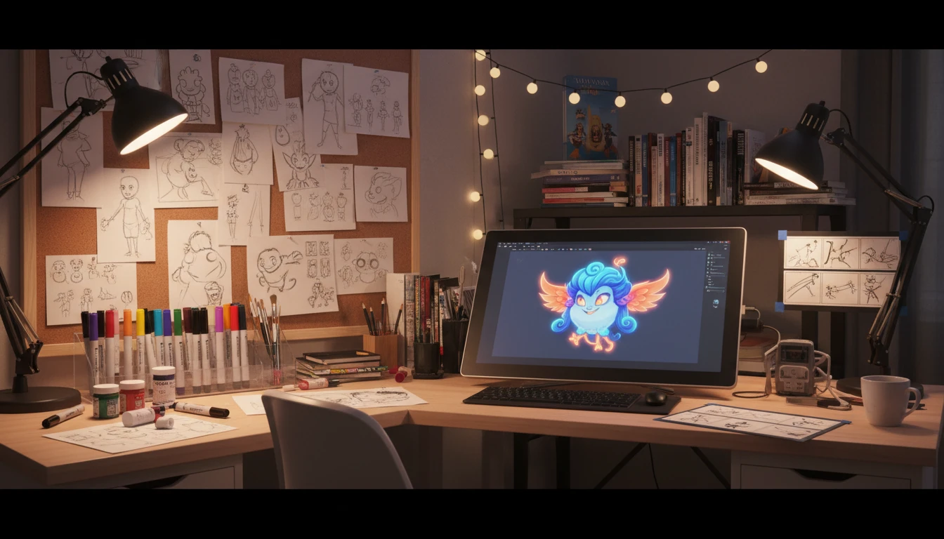 Animation studio workspace with storyboards and character design sketches on a desk