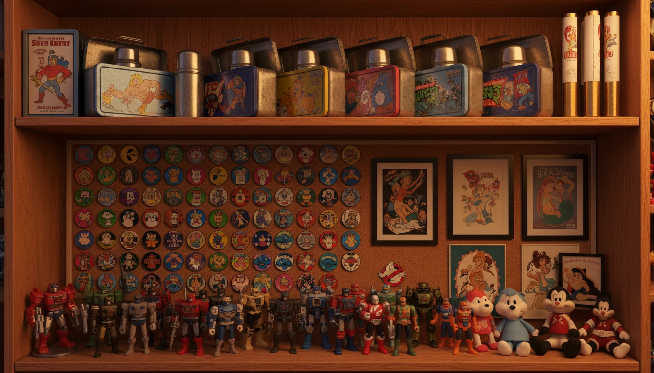 Vintage cartoon merchandise and collectibles arranged as a nostalgic pop culture display