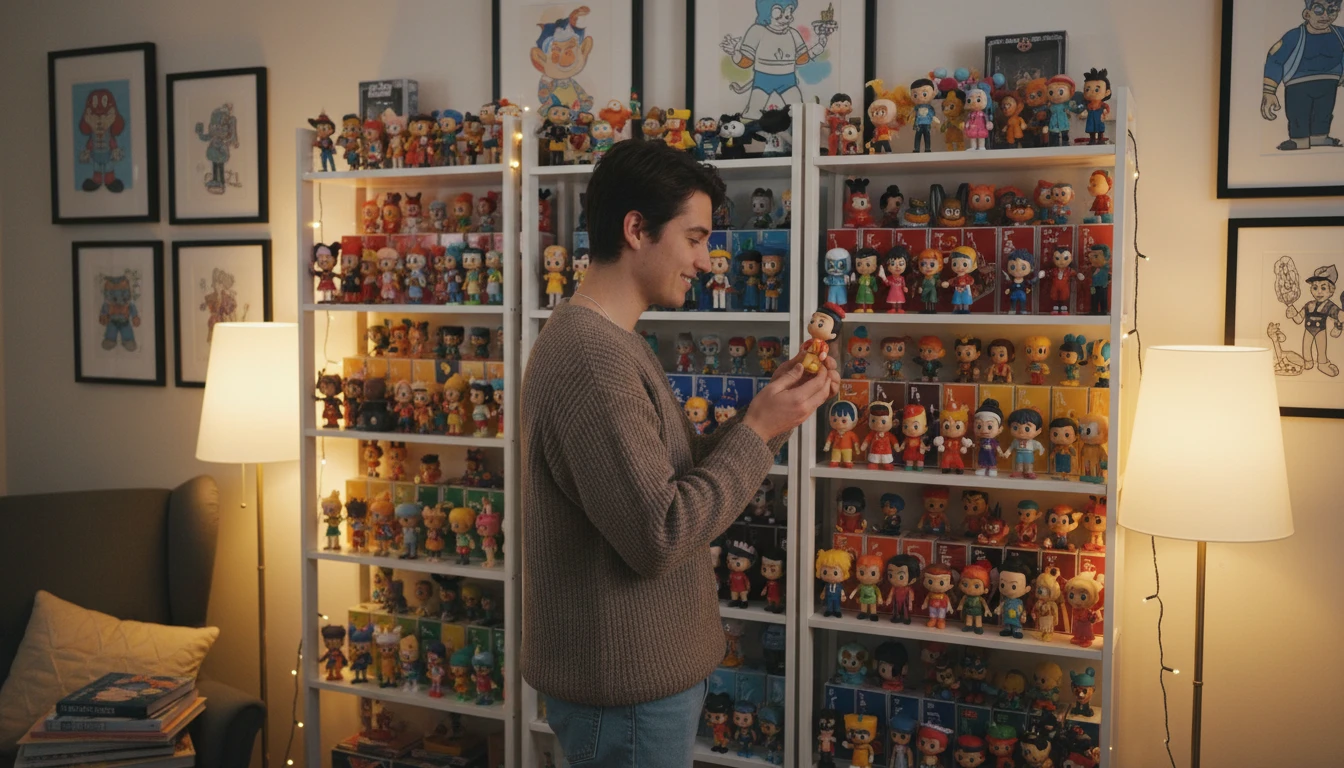Animation fan browsing a collection of cartoon merchandise and figures