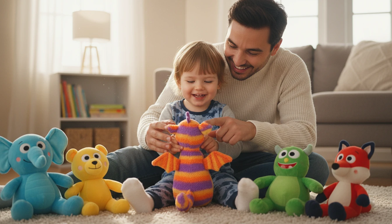 Parent and child examining cartoon character toys and merchandise together