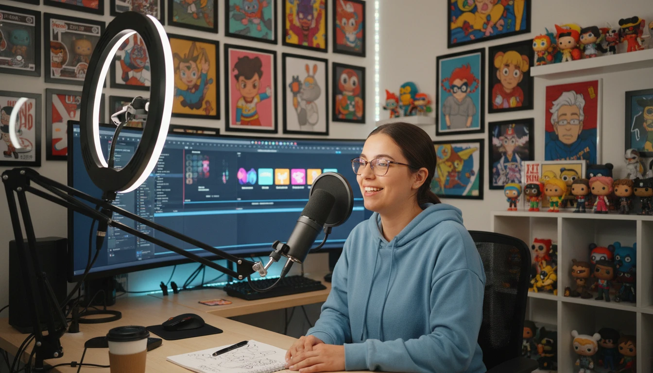 Content creator filming a cartoon review in a setup with animation art and collectibles