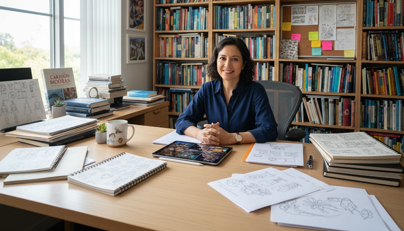 Educator with animation reference books and character design materials at a desk