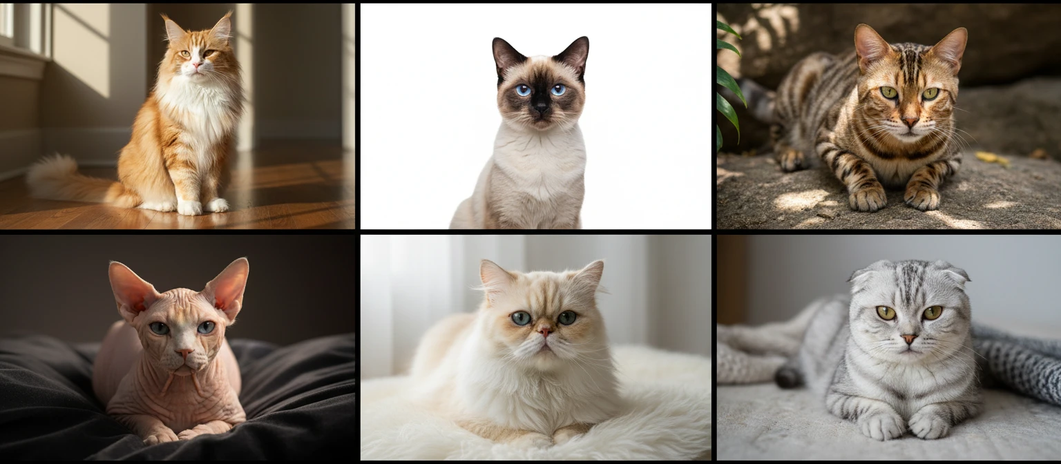 Diverse collection of domestic cat breeds showing different coat types, colors, and physical features