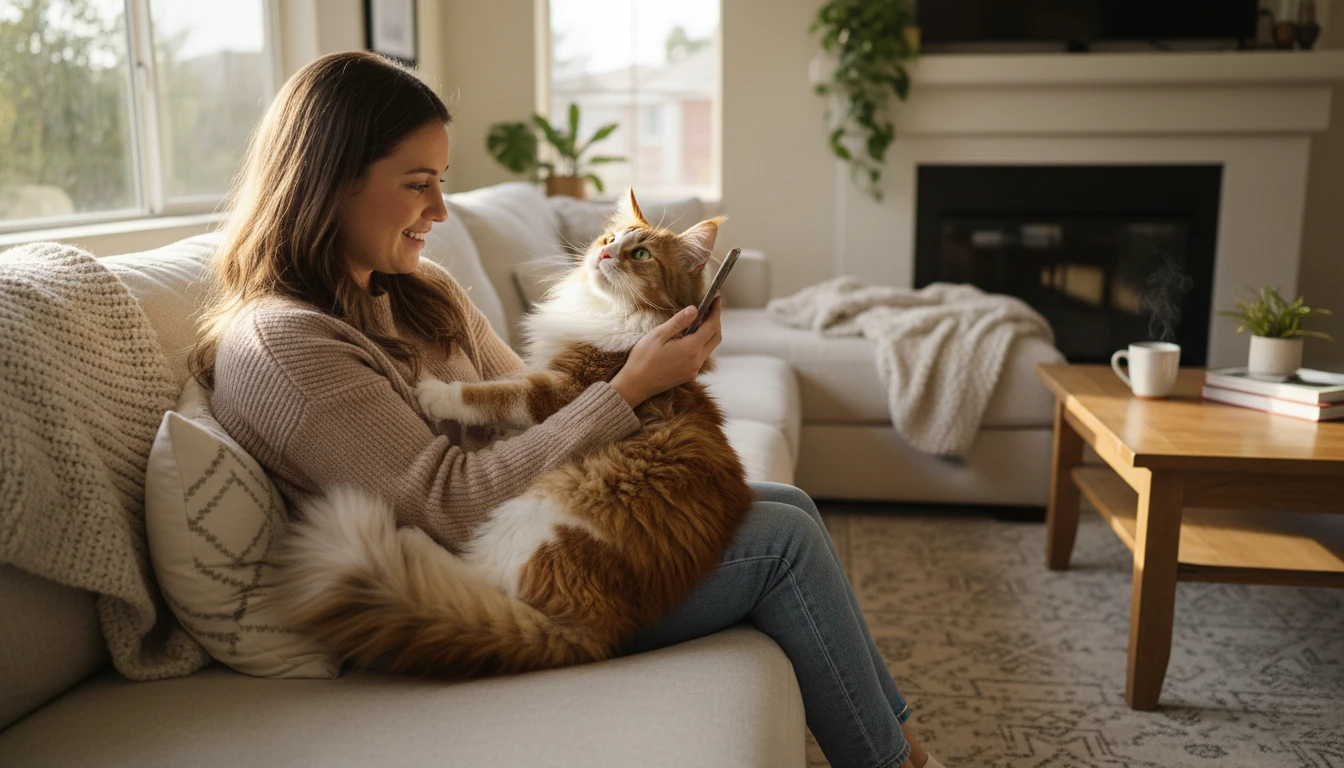 Owner holding a Maine Coon cat and looking up breed information on a phone