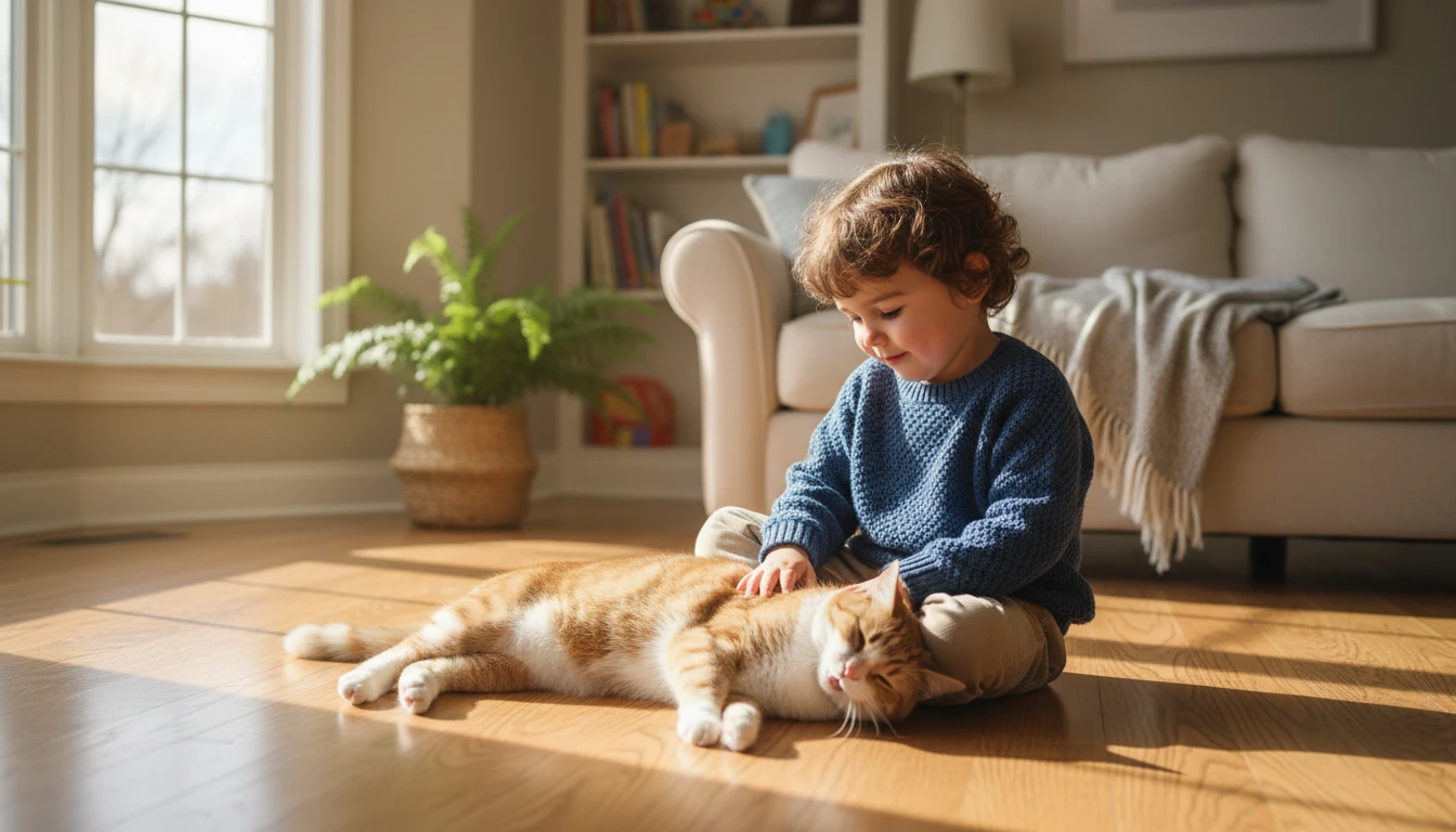 Playful cat interacting with a child in a bright family living room