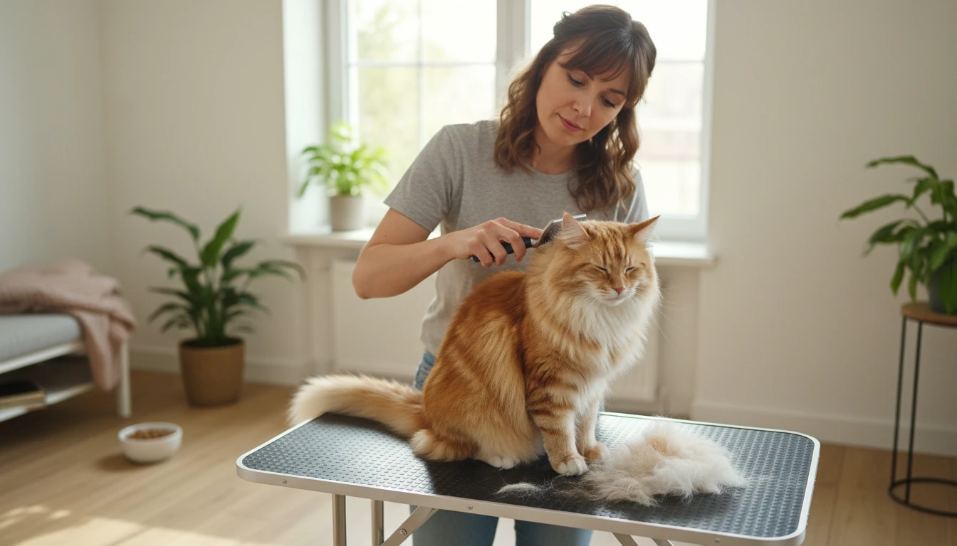 Cat owner gently grooming a long-haired cat with a brush at home
