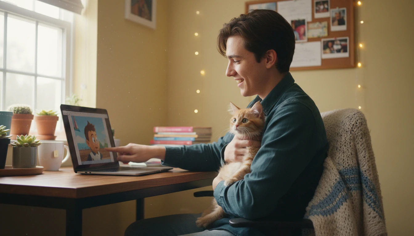 New cat owner holding a rescue kitten and researching breed information on a laptop at home