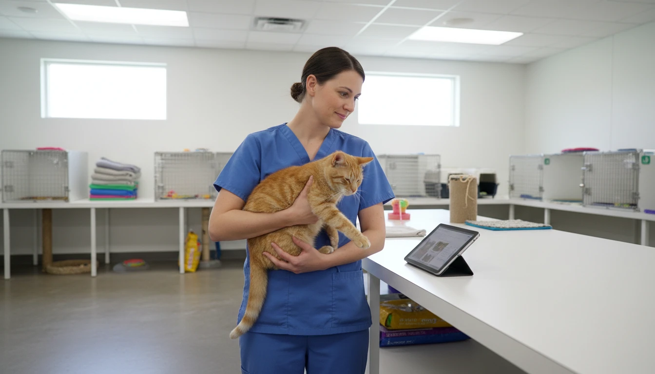 Animal shelter worker holding a cat while reviewing breed information on a tablet