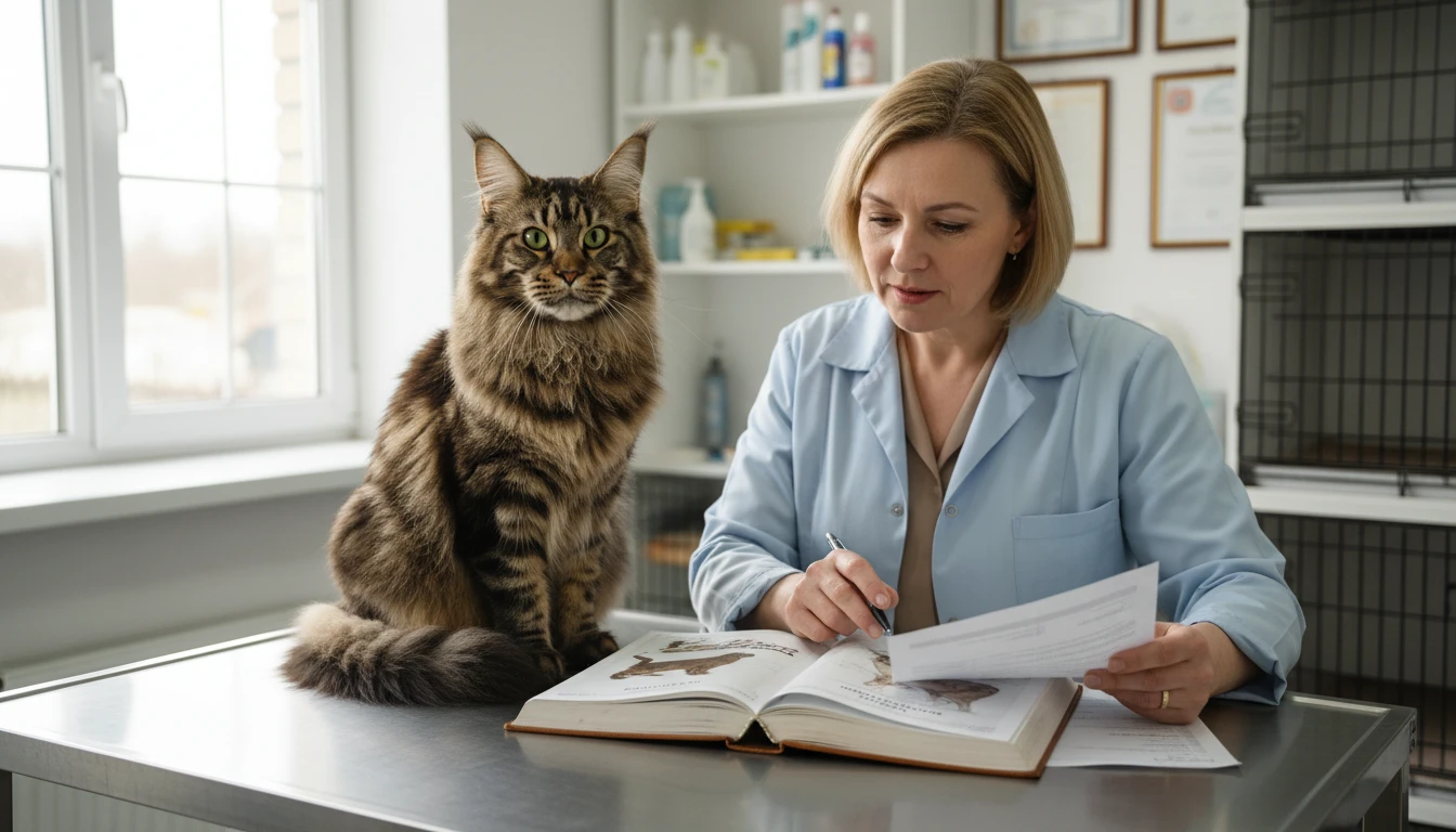 Cat breeder reviewing breed standard documentation beside a beautiful purebred cat on a show table