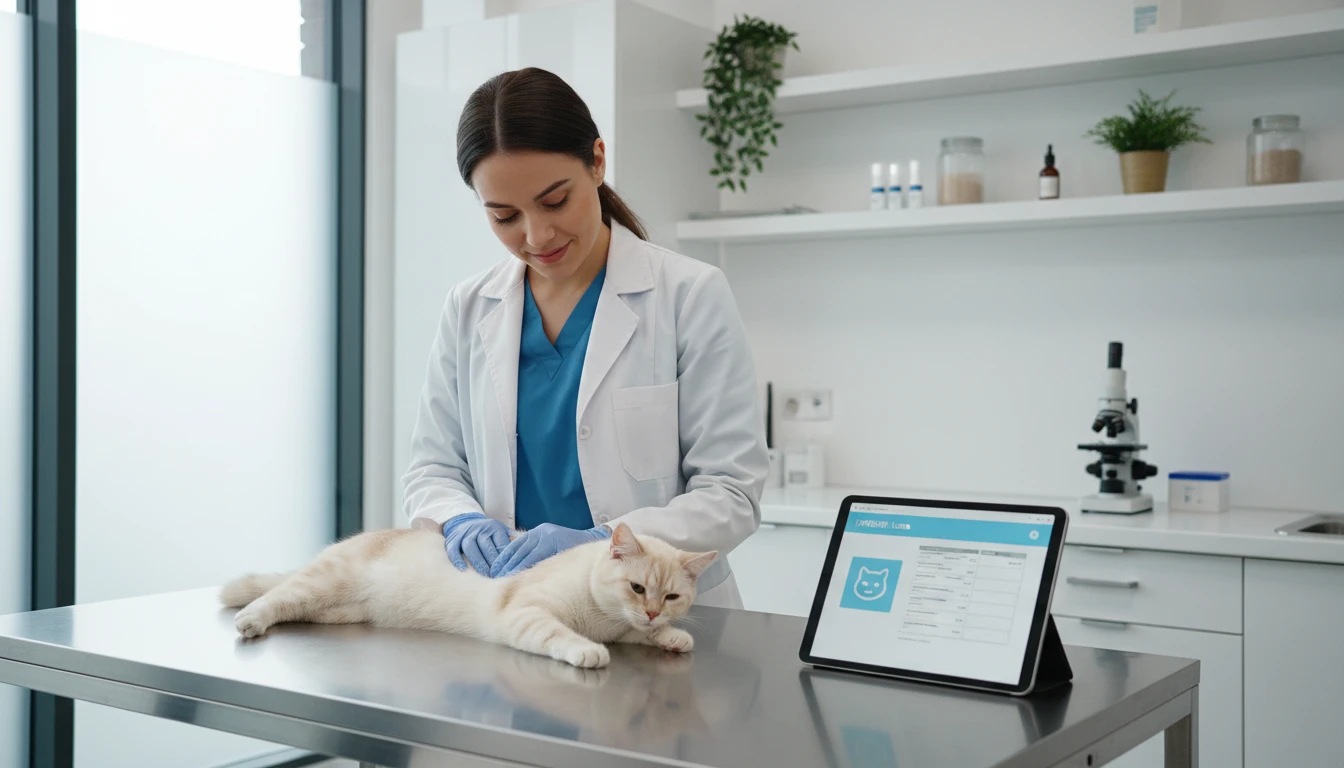 Veterinarian examining a cat in a clinic while reviewing breed information on a tablet