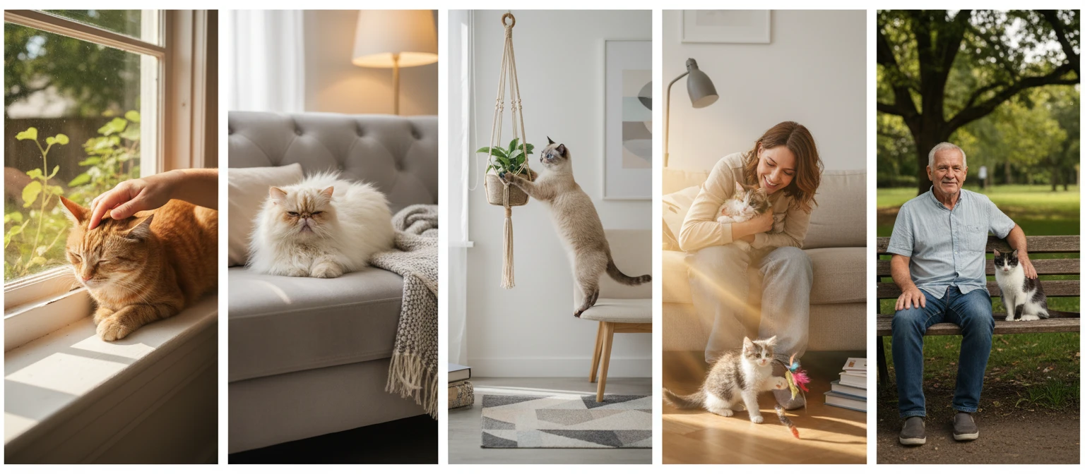 Photo collage of happy cats in home settings with their owners