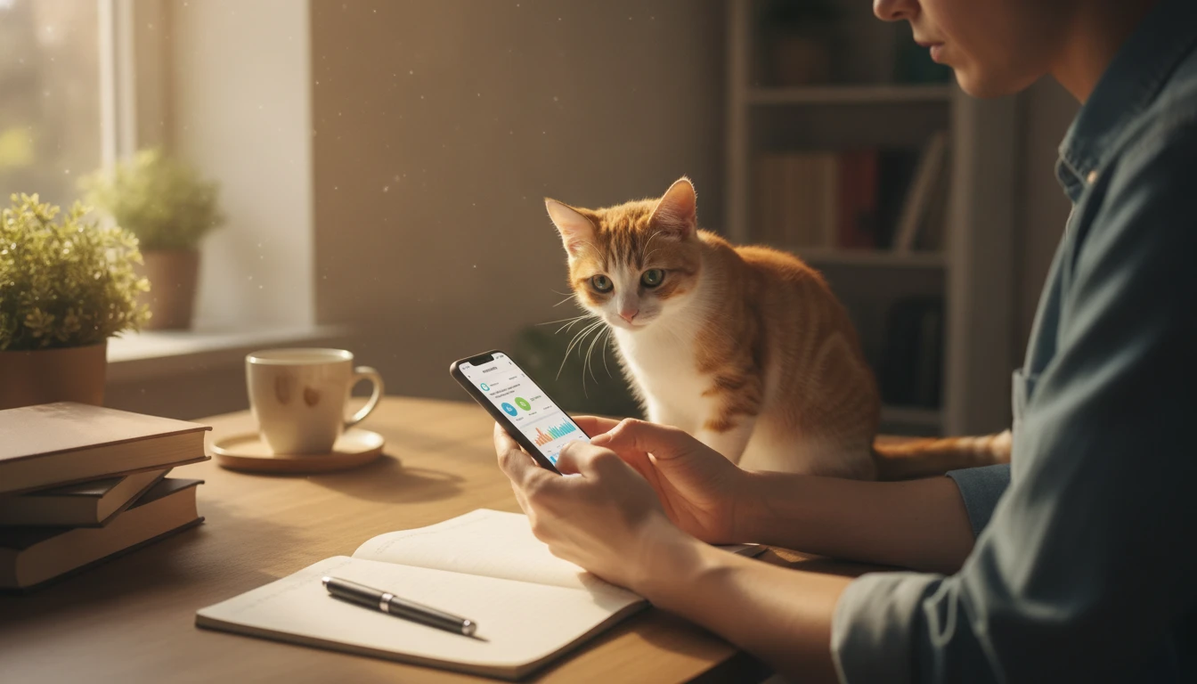 Cat owner at home writing notes on a phone about their cat's health after a meal