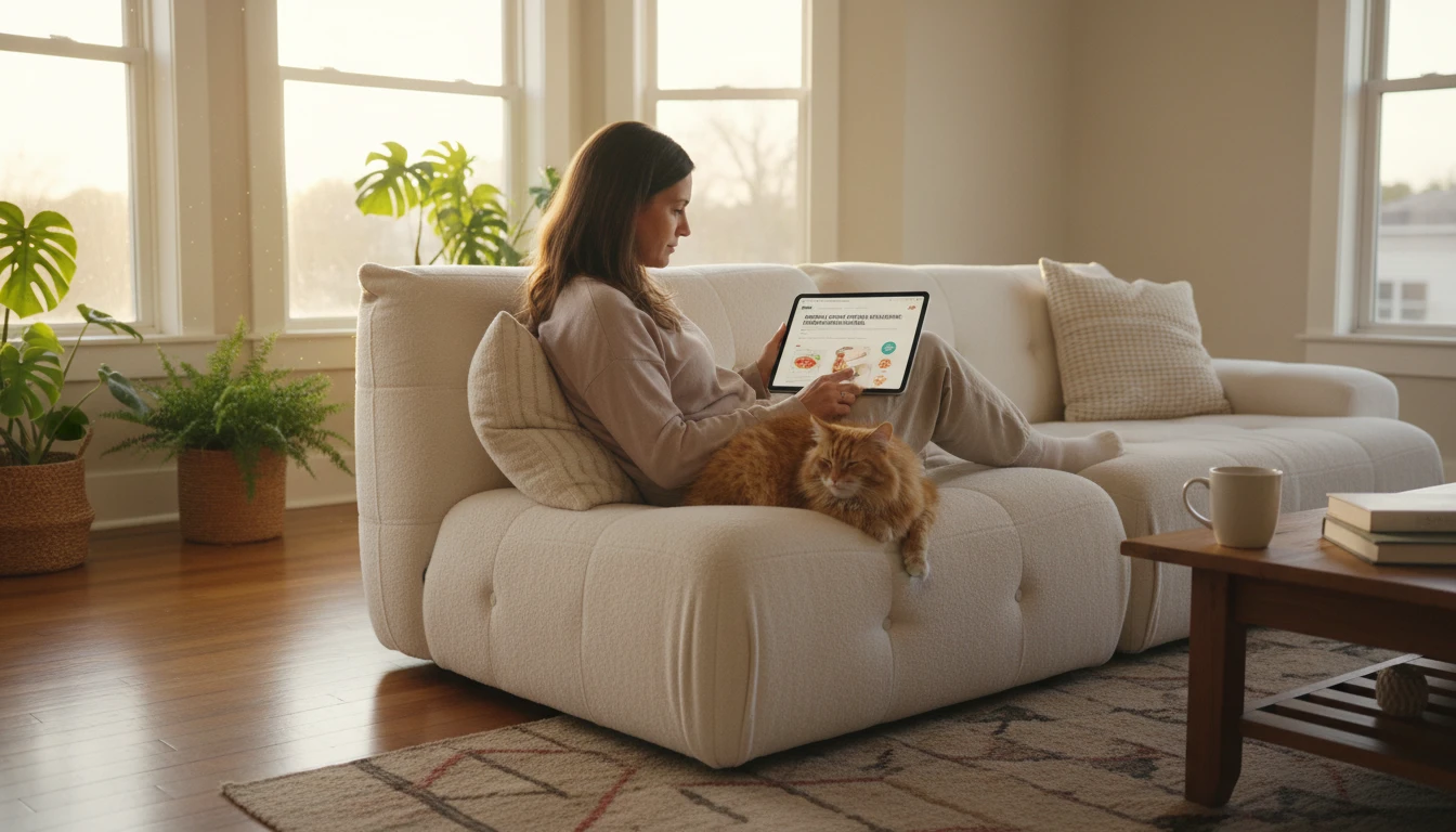 Cat owner at home reading pet health information on a tablet beside their cat on a sofa