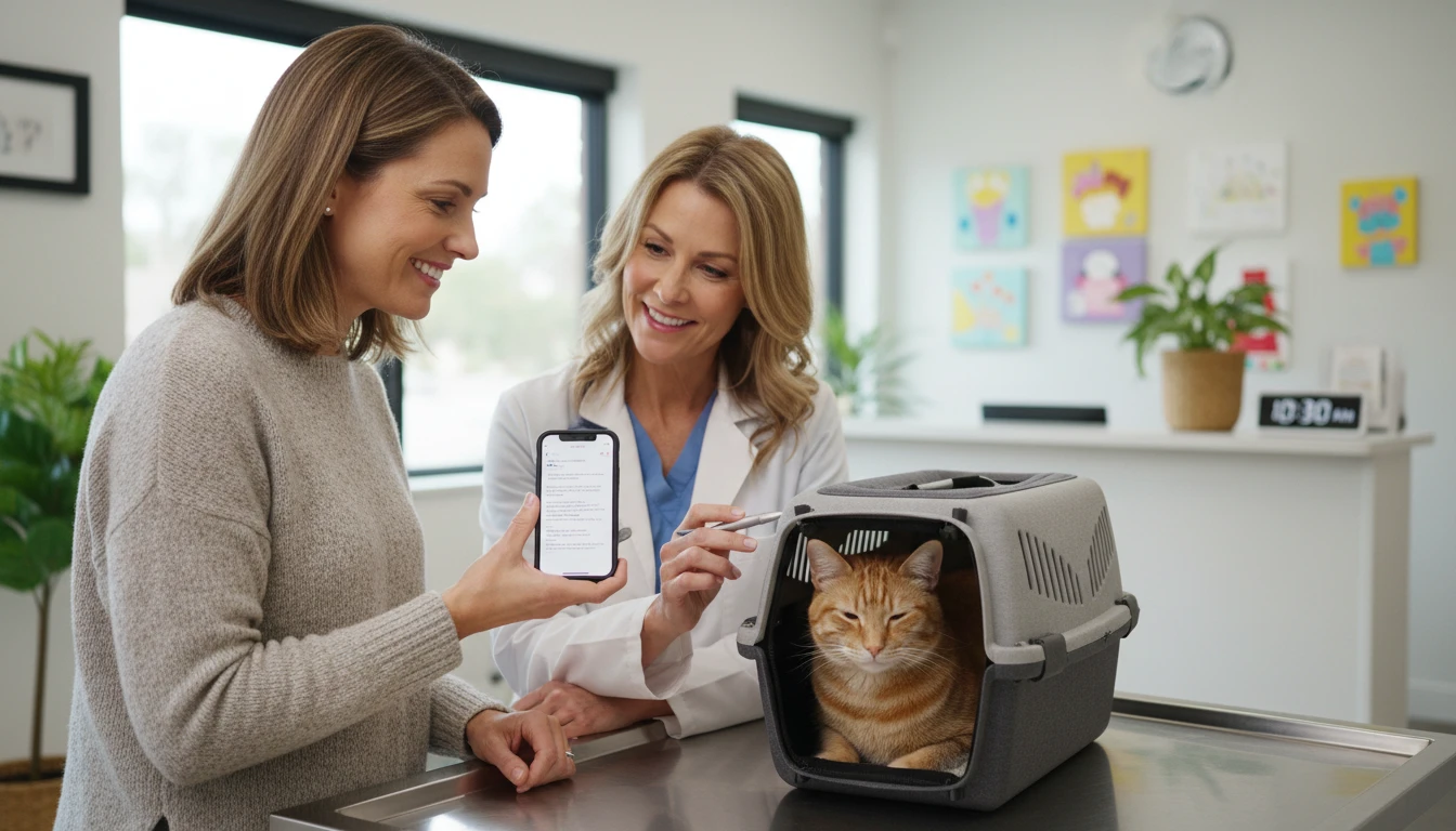 Cat owner at a veterinary clinic showing a phone with pet health notes to a vet during a check-up