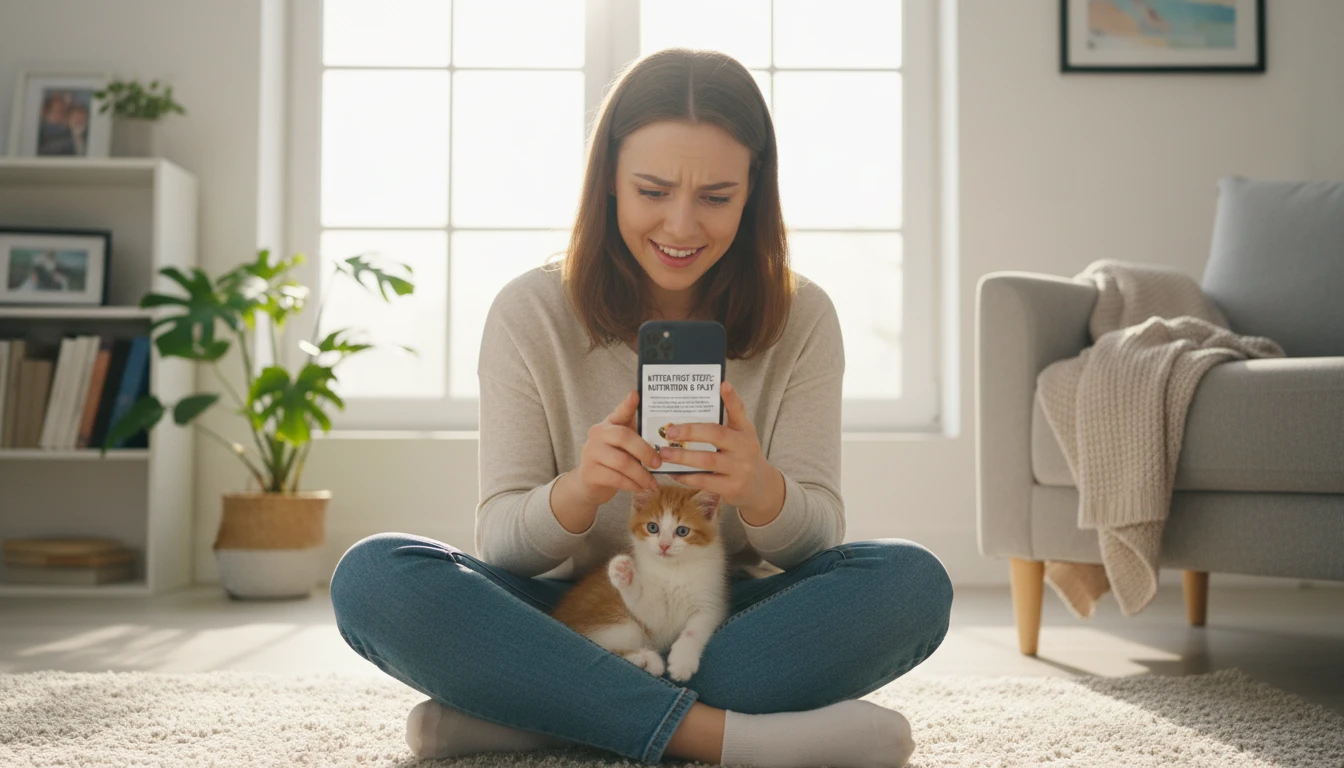 New cat owner at home with a kitten, reading pet care information on a phone