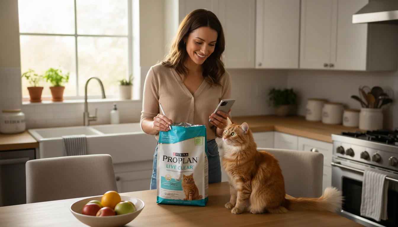 Cat owner at a kitchen counter reviewing their cat's new food packaging and taking notes on a phone