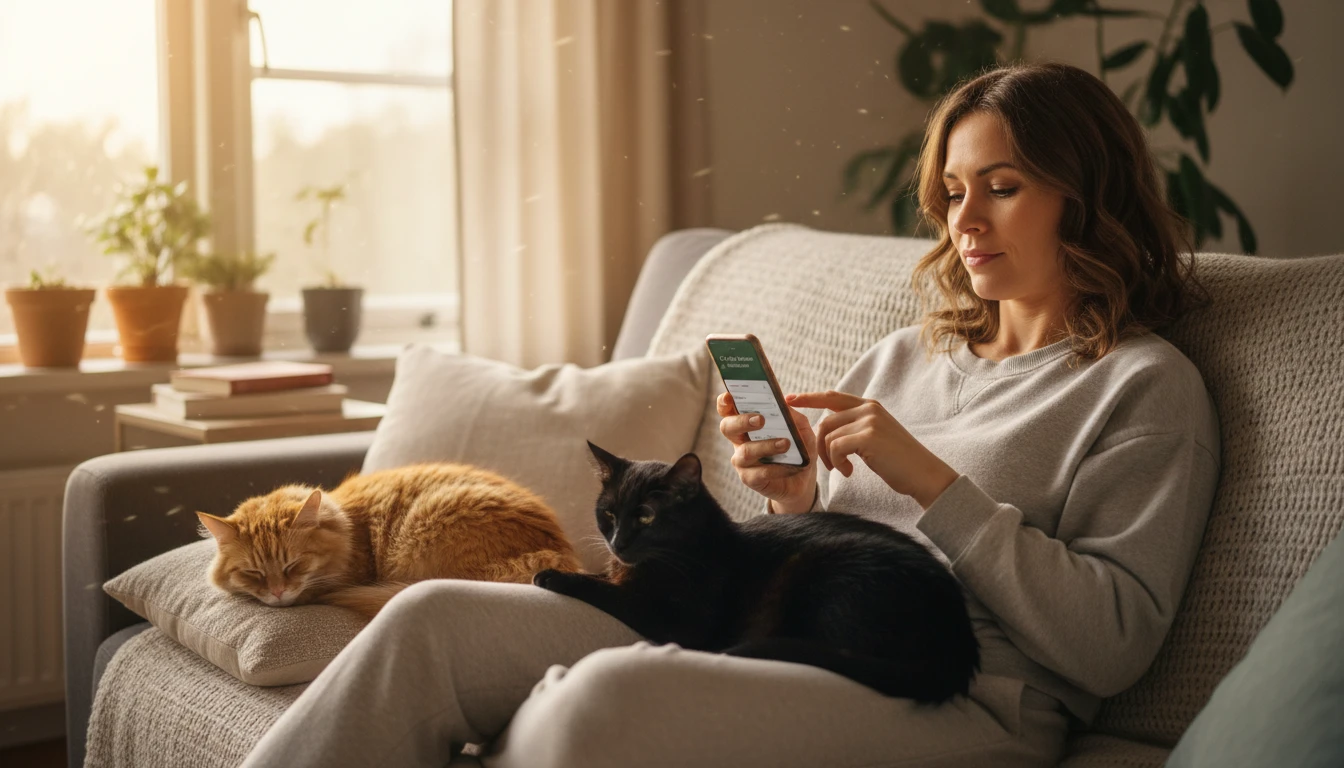 Cat owner at home with two cats of different colours, logging pet health notes on a phone