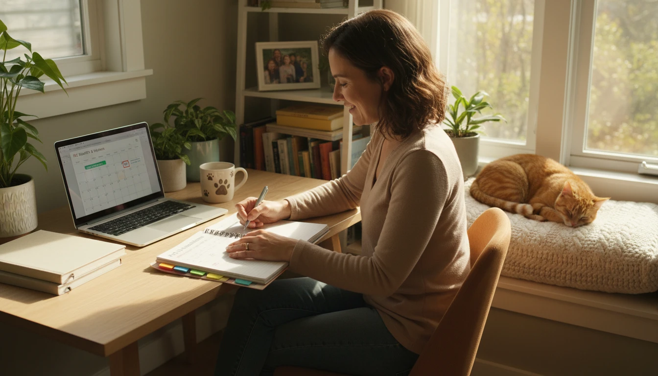 Cat owner at a desk organising pet health records in a notebook beside a laptop with their cat sitting nearby