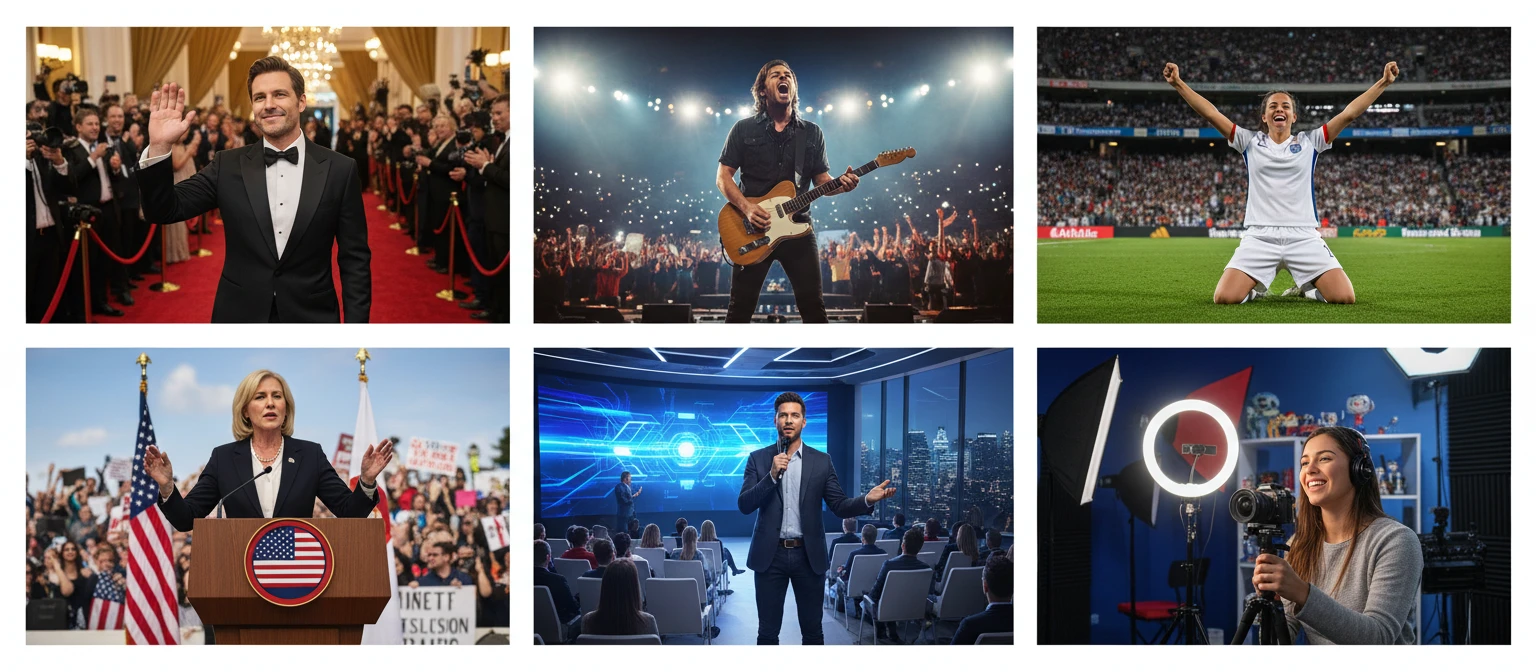 Photo collage of six celebrity category scenes: red carpet actor, music concert performer, sports stadium athlete, political speech podium, business conference keynote, and social media content creator studio