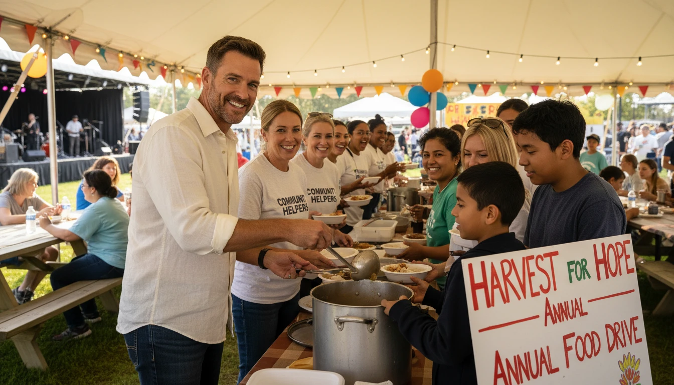 Celebrity participating in a charity fundraiser event with volunteers