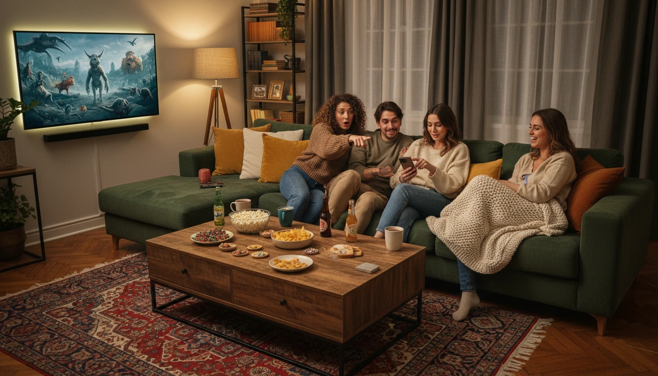 Group of friends on a sofa watching a film and trying to identify an actor on screen