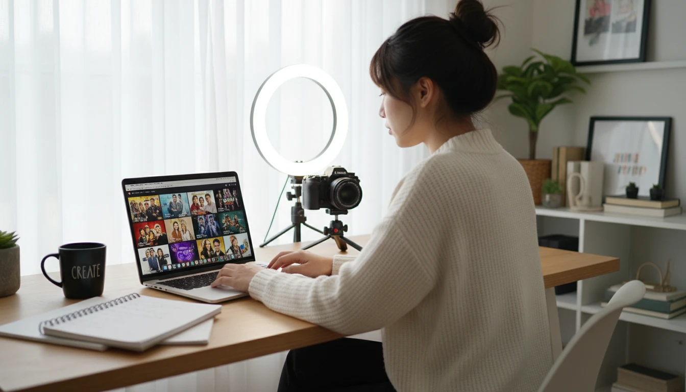 Content creator working at a desk with a laptop and camera reviewing celebrity photos for an article