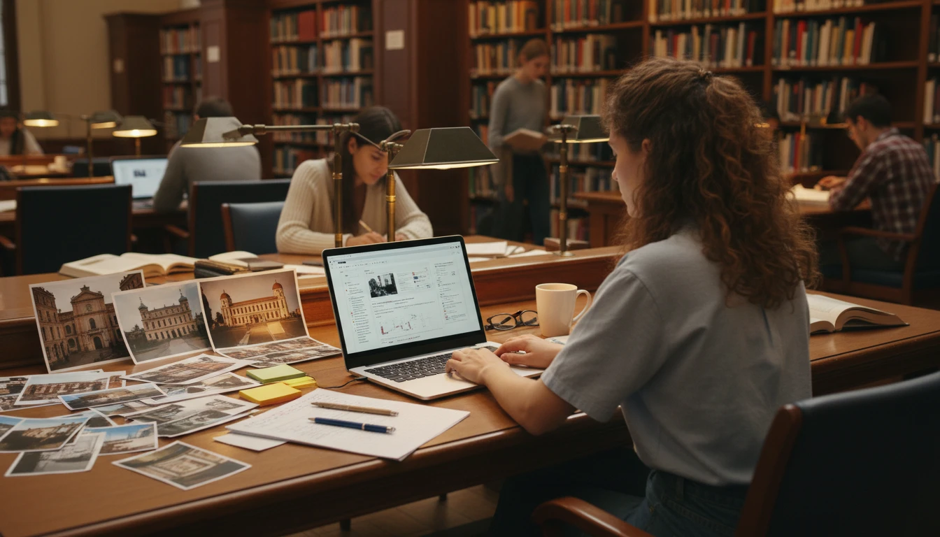 University student at a library desk researching a celebrity for a cultural studies project