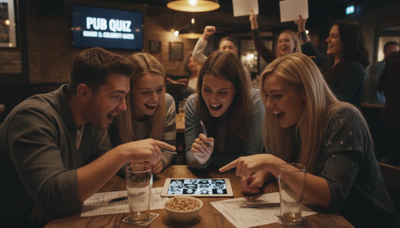 Group of people at a pub quiz night looking at celebrity photos on a tablet