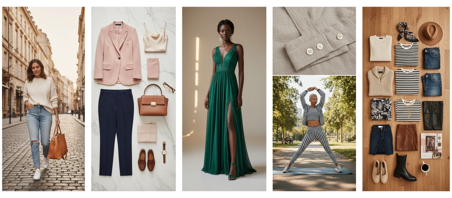 Wide editorial collage of diverse outfit styles and clothing items being analysed with fashion descriptions beside each