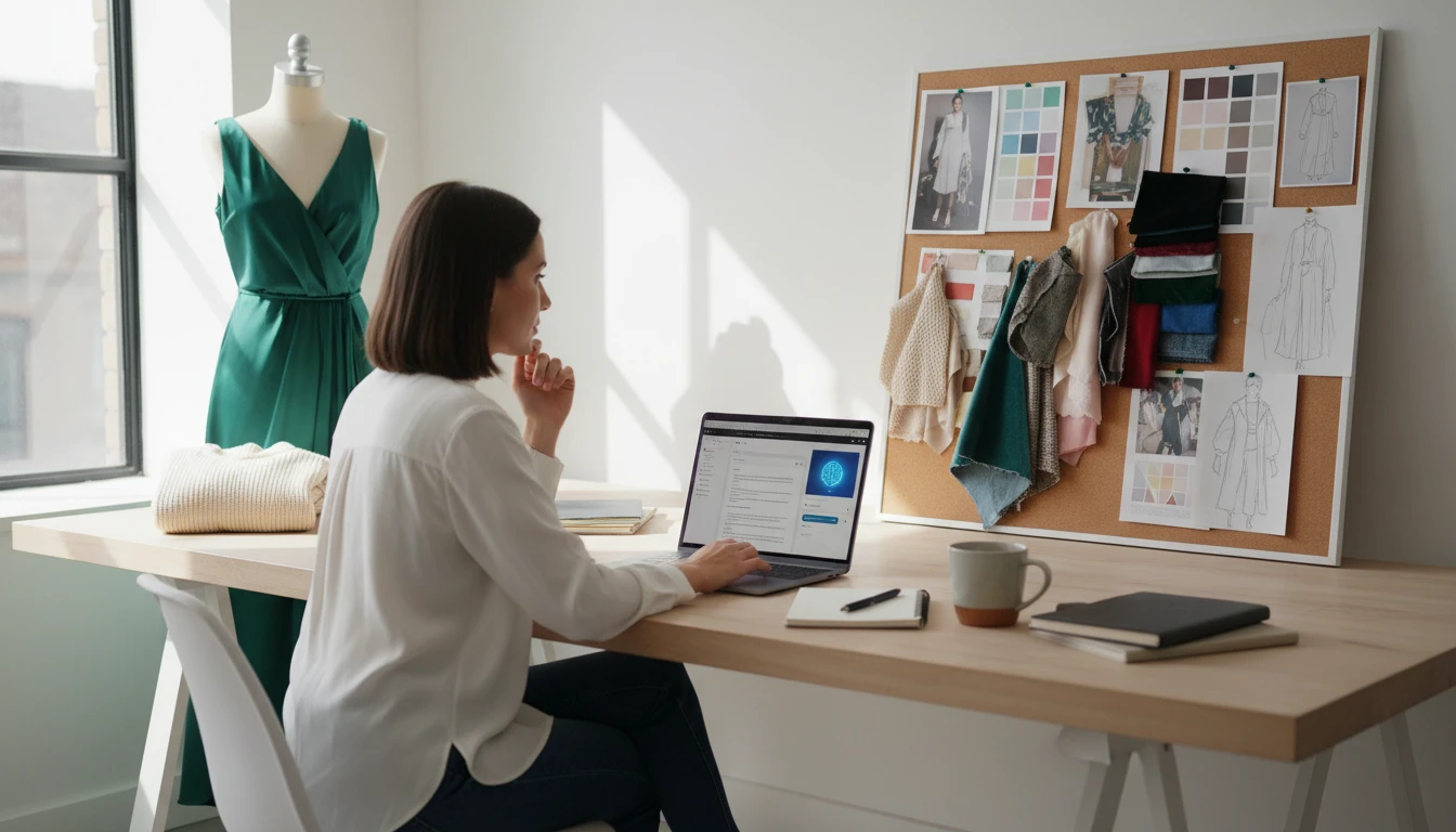 Fashion copywriter at a desk using an AI tool to write detailed product descriptions for clothing items on a laptop