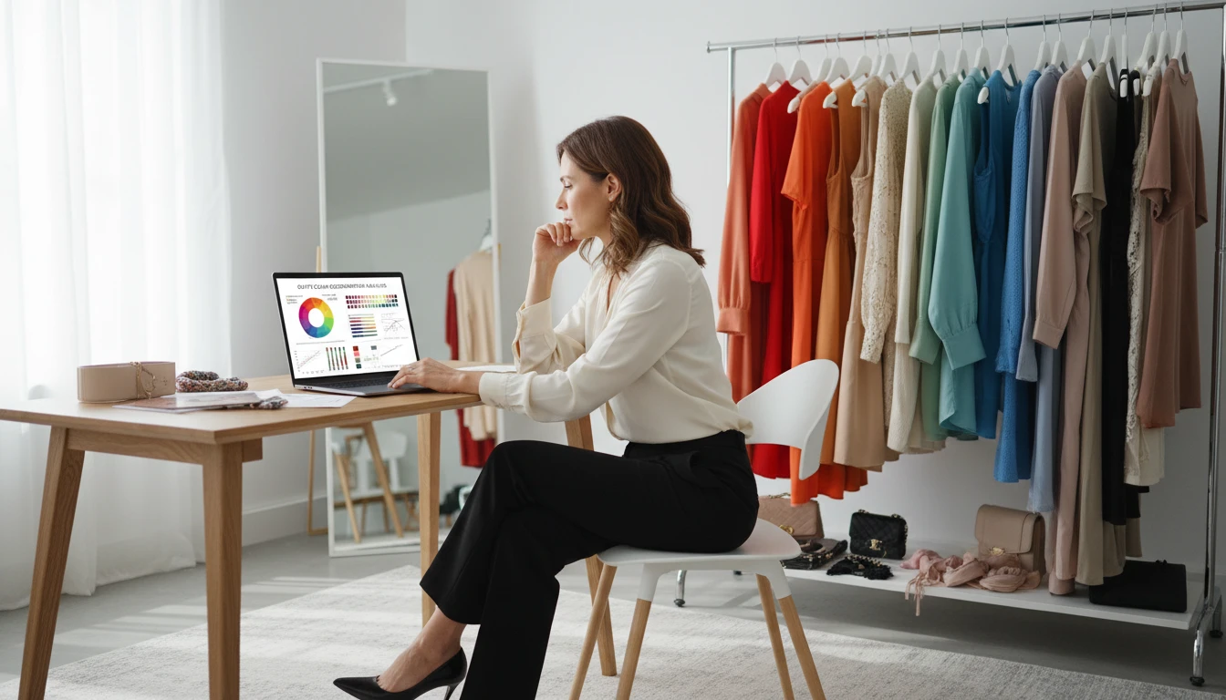 Personal stylist at a studio reviewing an outfit colour coordination analysis on a laptop beside a clothing rack