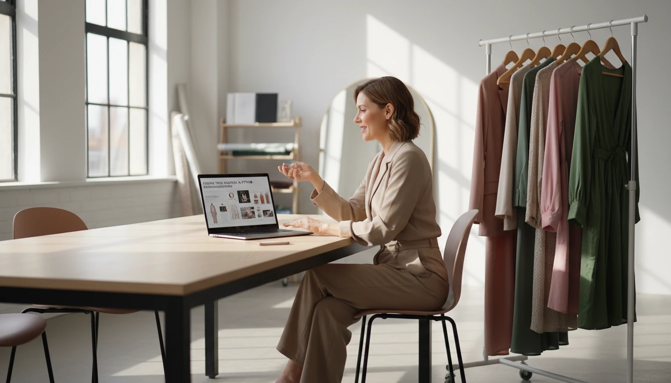 Wardrobe consultant at a studio reviewing fashion trend analysis and styling recommendations on a laptop beside garments