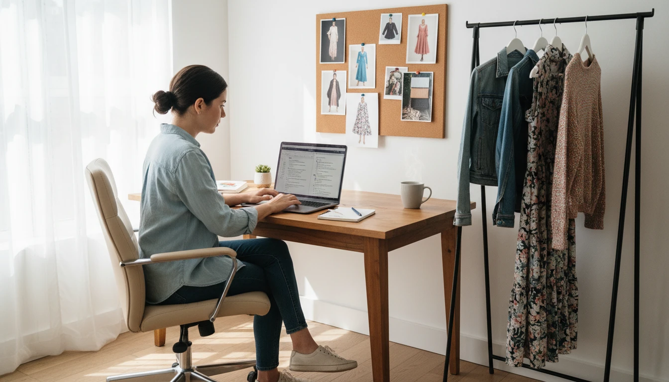 E-commerce copywriter at a desk using an AI tool to write product descriptions for clothing items on a laptop