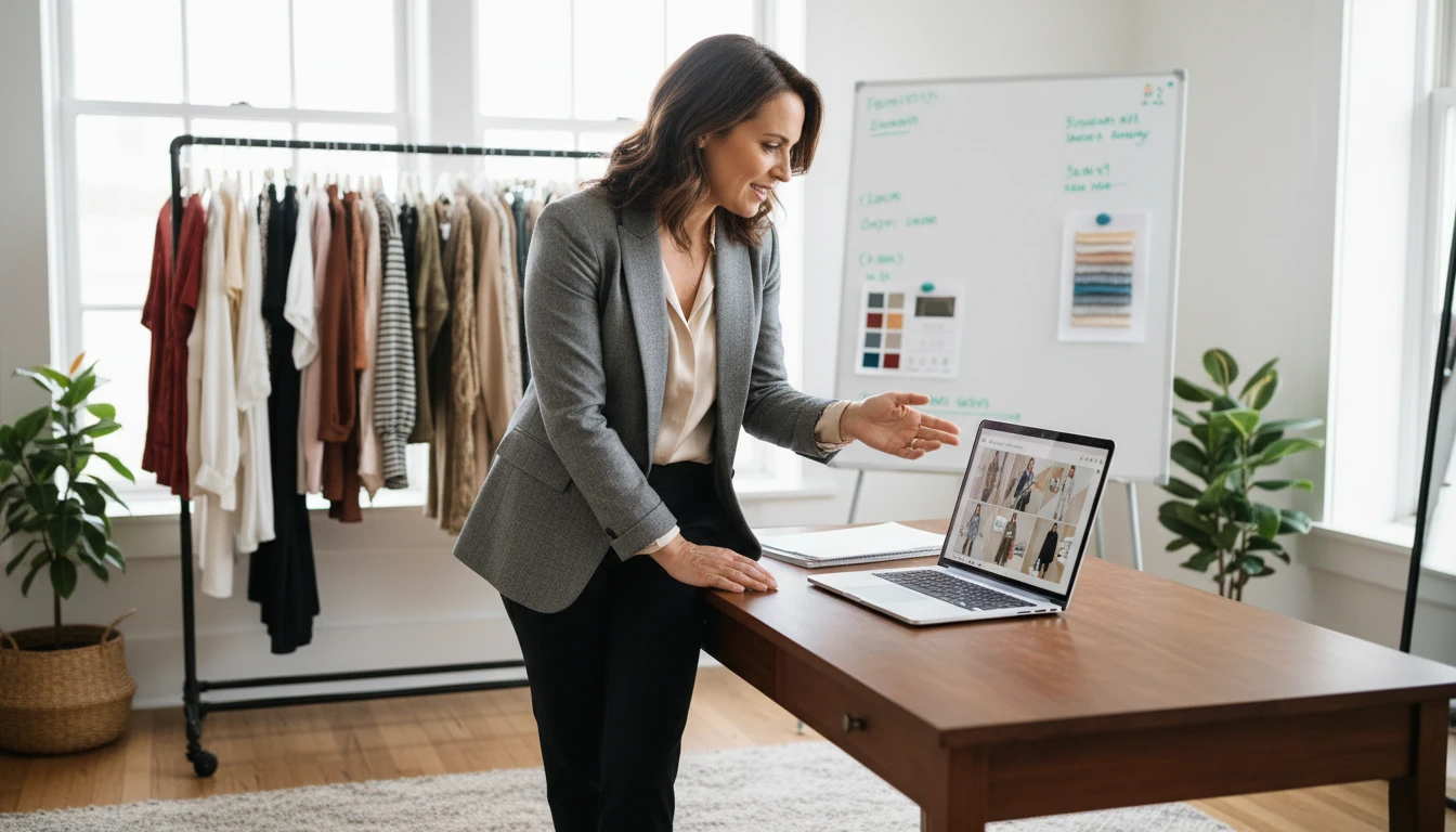 Personal stylist at a studio reviewing client outfit photos using an AI analysis tool on a laptop