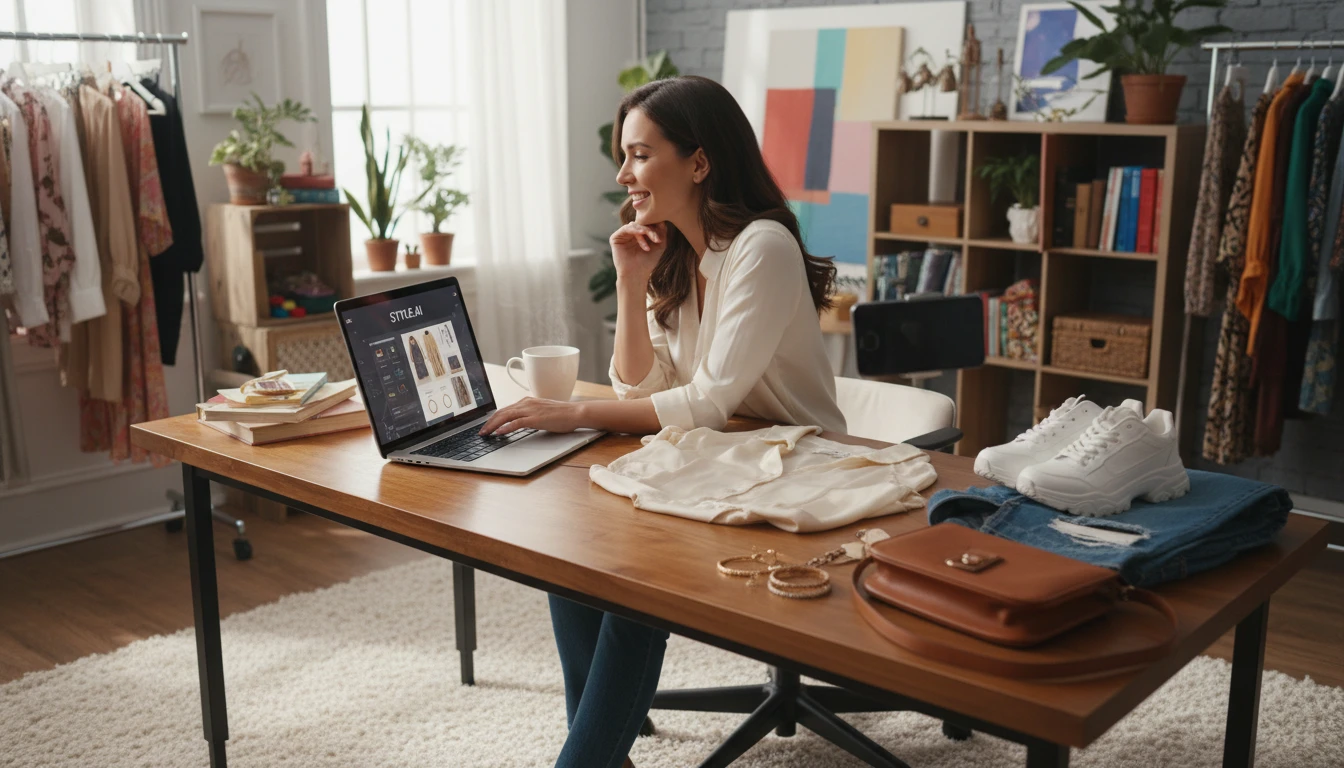Fashion blogger at a desk using an AI tool to create detailed outfit posts and content on a laptop