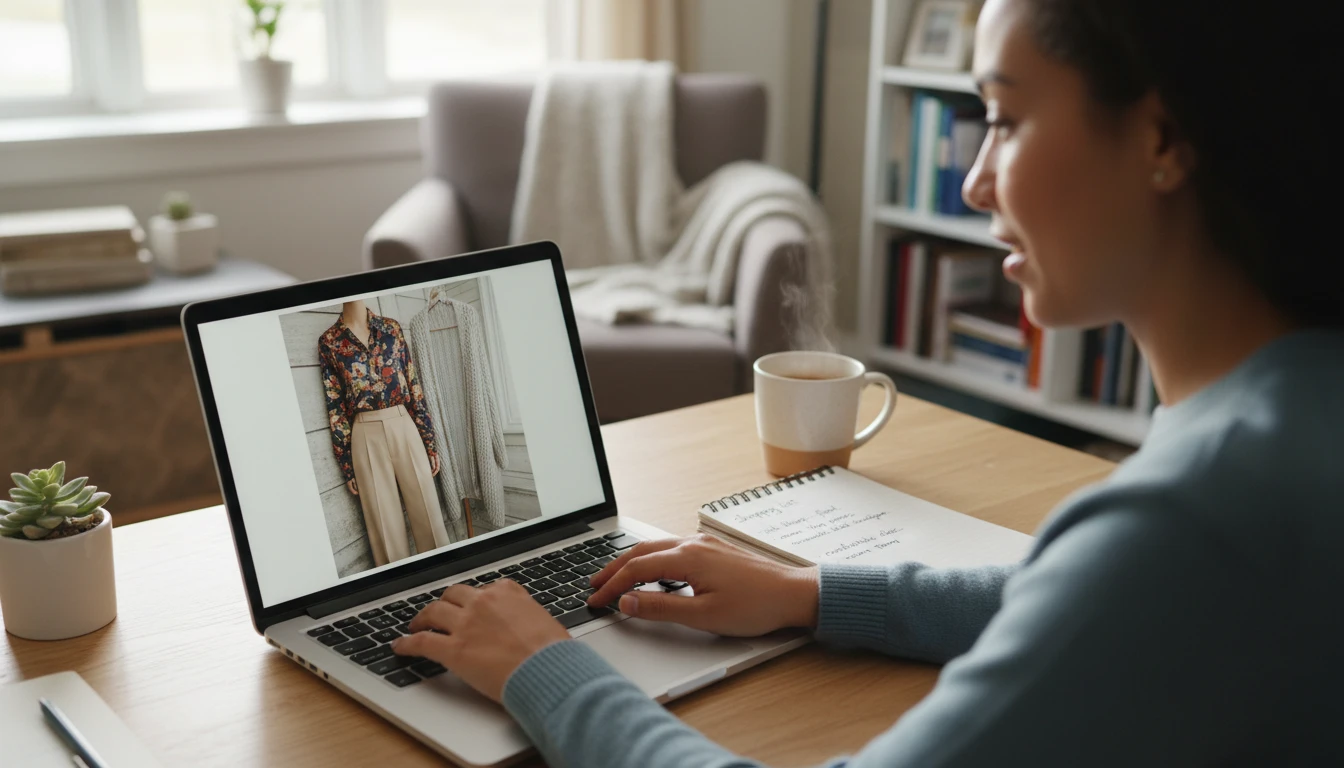 Shopper at a desk using an AI tool to identify and recreate a favourite outfit on a laptop