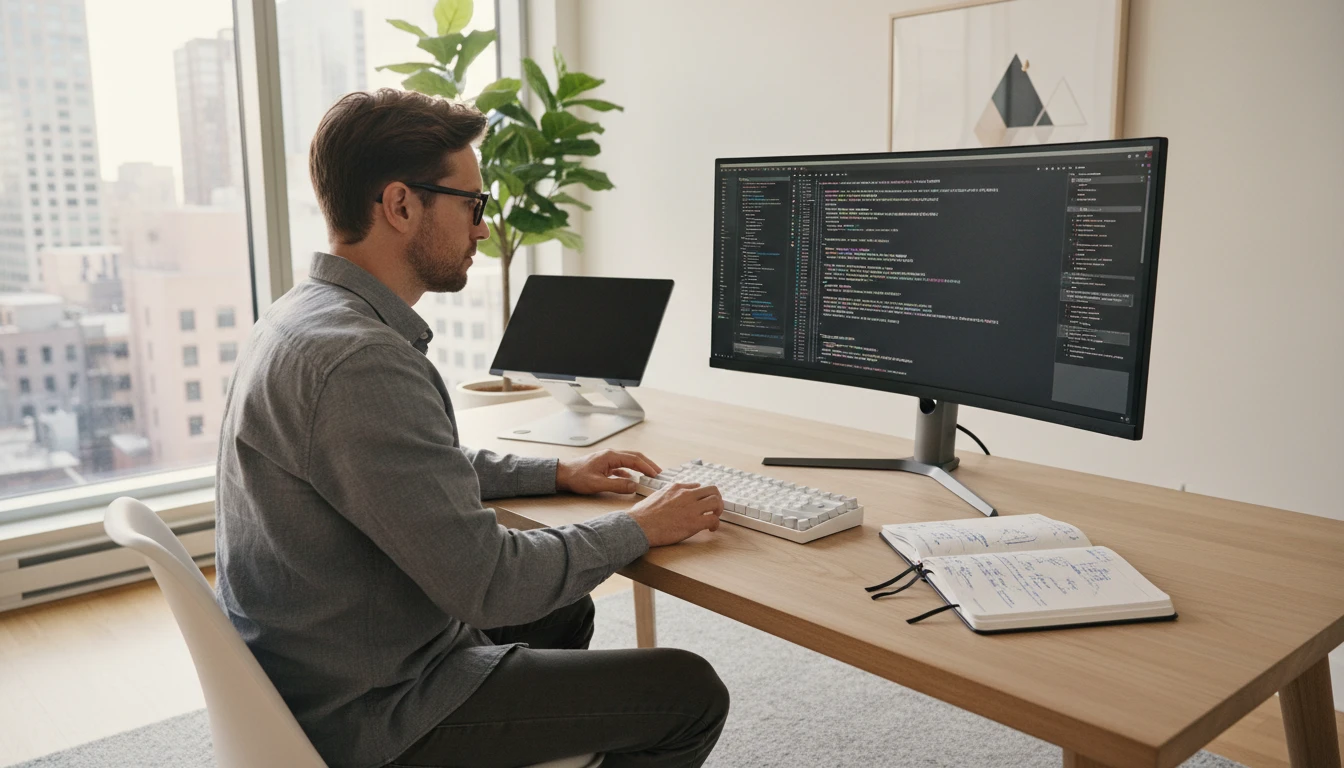 Developer at a desk studying code on a monitor with a focused and engaged expression