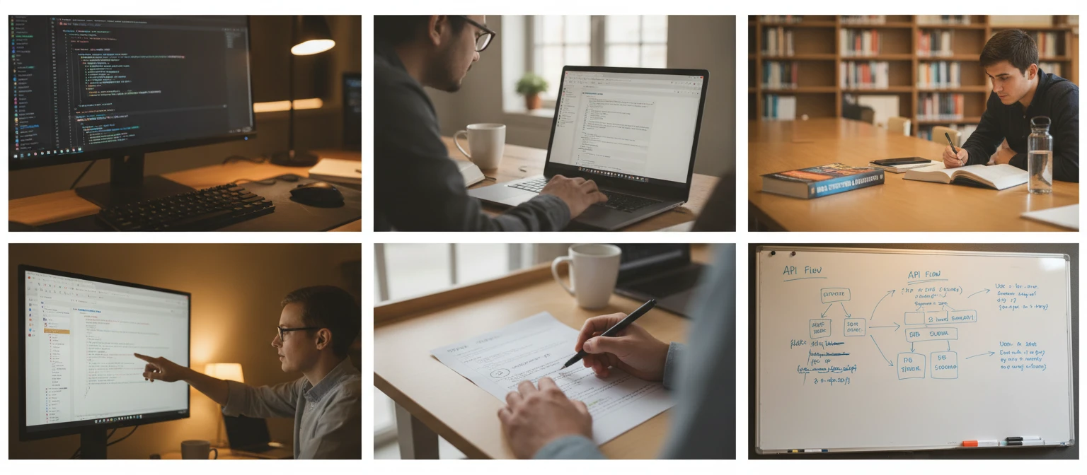 Wide collage of developers working with code in various environments