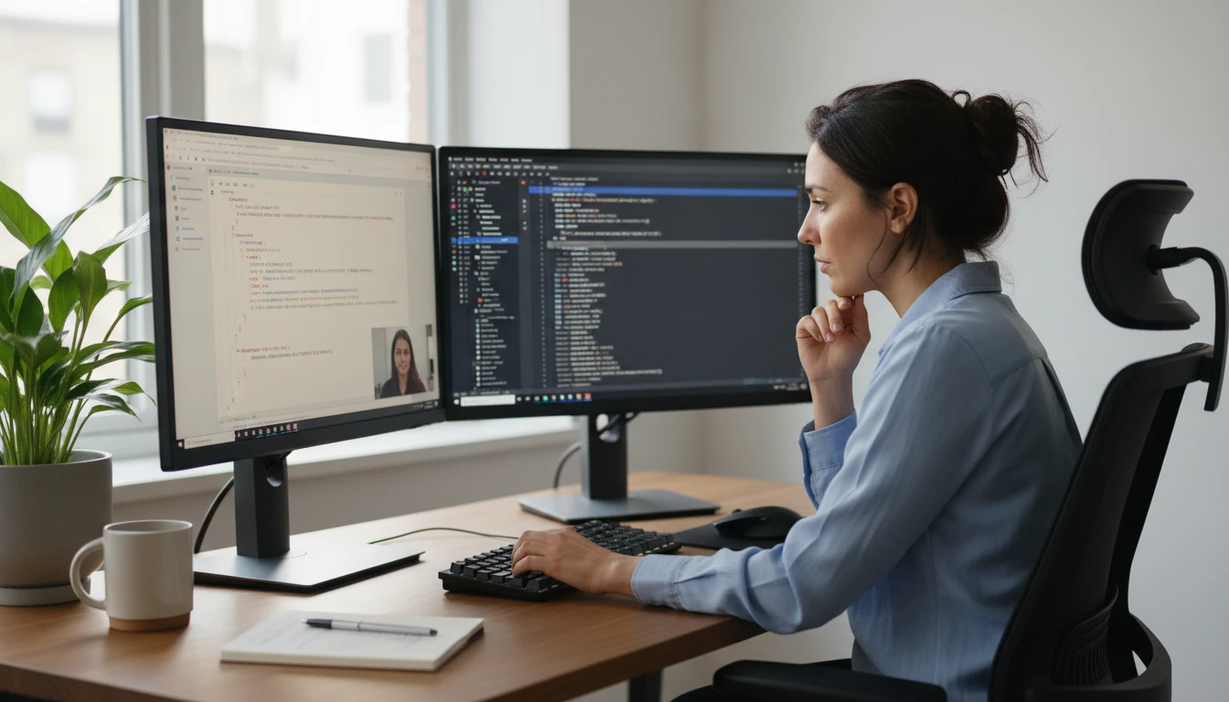 Developer following a code breakdown on a second monitor while reading the original code