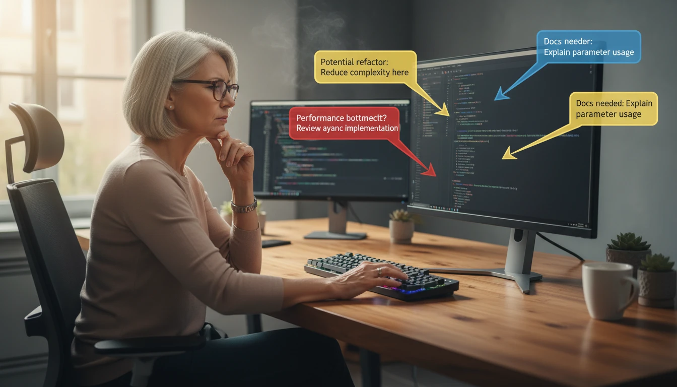 Senior developer reviewing code review comments with specific suggestions on a monitor