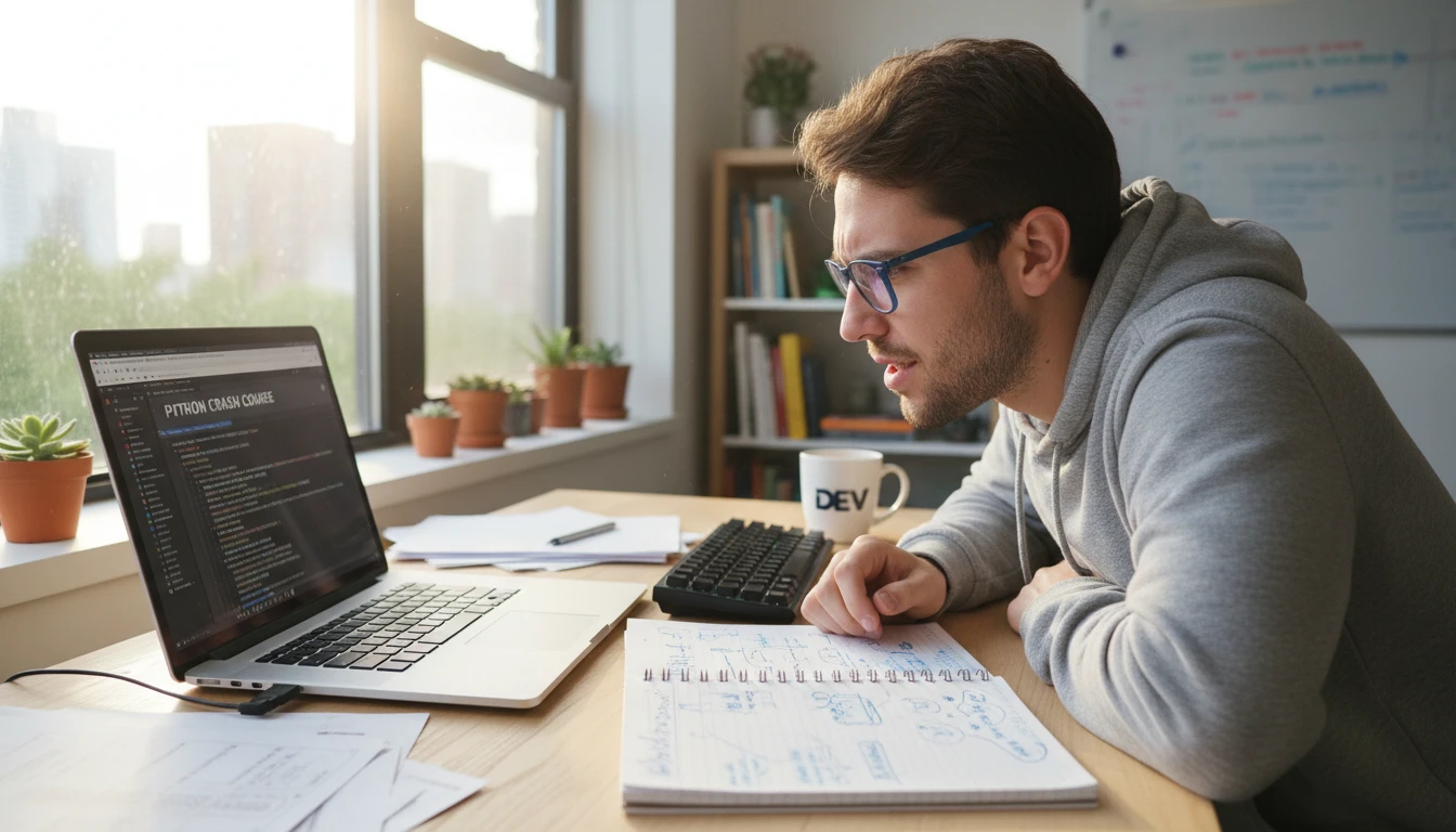 Coding student at a desk analyzing tutorial code on a laptop with a notebook open